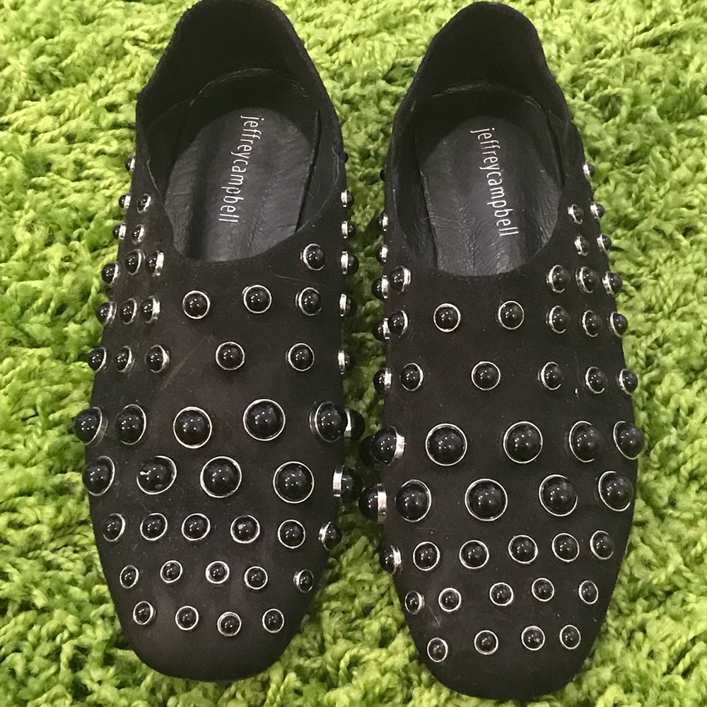 SOLD Jeffrey Campbell black studded flats mules